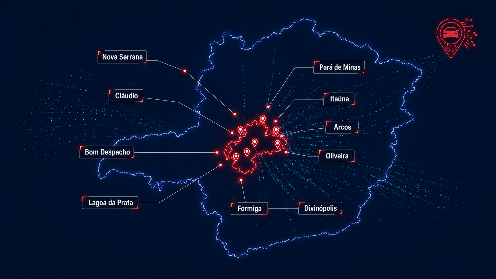 Mapa de Minas Gerais com a região do DDD 37 destacada: Divinópolis, Nova Serrana, Pará de Minas, Itaúna, Cláudio, Arcos, Oliveira, Bom Despacho e Formiga.